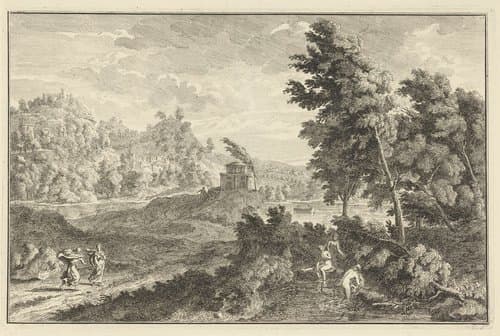 Landschap met tombe en drie badende vrouwen by Adolf van der Laan