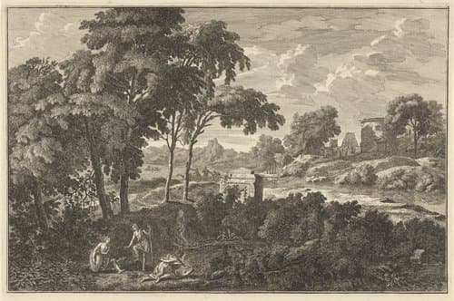 Arcadisch rivierlandschap met figuren die water halen by Adolf van der Laan