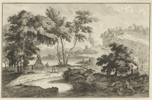 Arcadisch rivierlandschap met bron by Adolf van der Laan