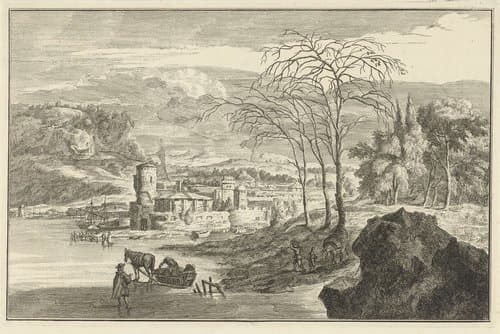Winterlandschap met gezicht op een stad by Adolf van der Laan