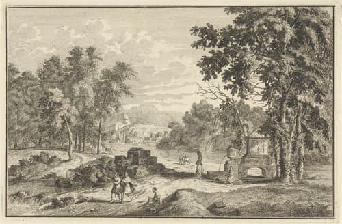 Arcadisch rivierlandschap met figuren bij een bron by Adolf van der Laan