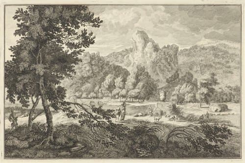 Arcadisch rivierlandschap met herders en twee vrouwen met was by Adolf van der Laan