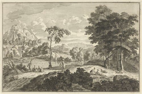 Arcadisch rivierlandschap met waterval en diverse figuurgroepen by Adolf van der Laan