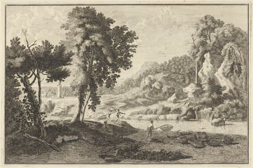 Arcadisch rivierlandschap met vissers by Adolf van der Laan