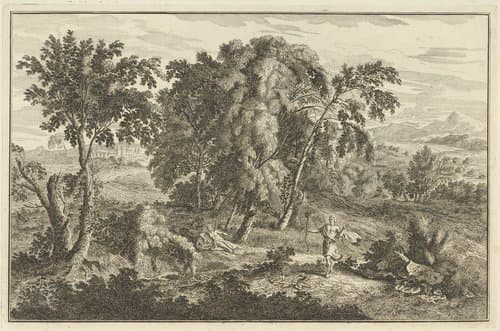 Vrouw door pijl geraakt in een arcadisch landschap by Adolf van der Laan