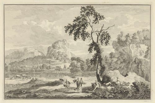 Arcadisch rivierlandschap met diverse figuren bij een boom by Adolf van der Laan