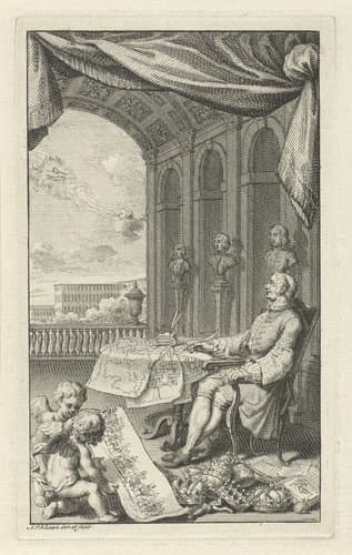 Man zittend aan een tafel met kaarten by Adolf van der Laan