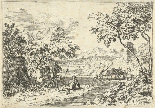Arcadisch landschap met herders op een oever by Jan l'Admiral