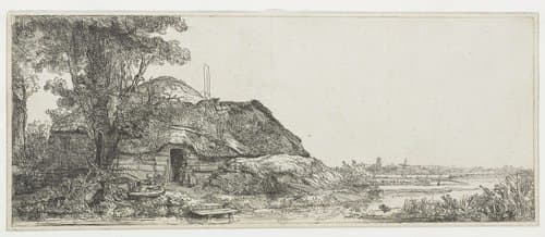 Landscape with a cottage and a large tree by Rembrandt van Rijn
