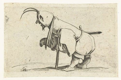 Kleine mens (karikatuur) met mitella, kruk en zwaard by Jacques Callot