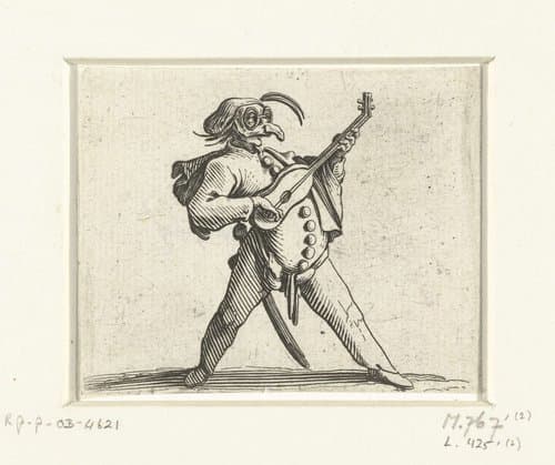 Commedia dell'arte-figuur met gitaar, zwaard en masker by Jacques Callot