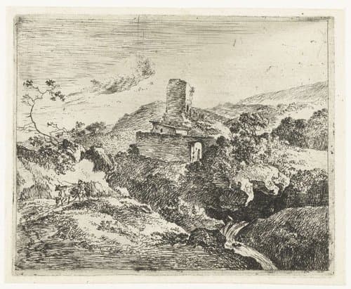 Landschap met vierkante toren
