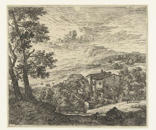 Heuvellandschap met huizen en ezel en twee schapen by Karel du Jardin