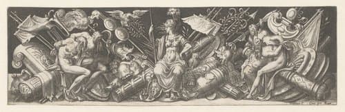 Bellona gezeten op oorlogstrofeeën by Etienne Delaune