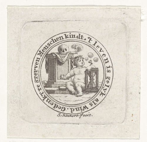 Vanitas met bellen blazend kind, schedel en zandloper by George Kockers