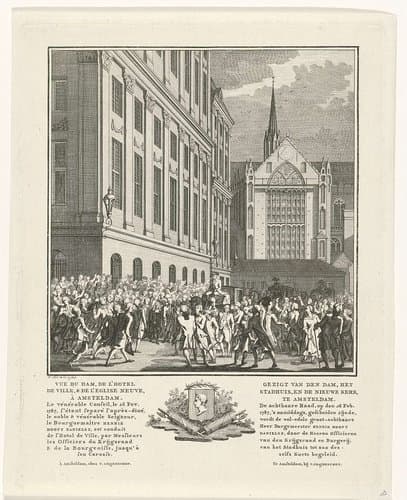 Gezigt van den Dam, het Stadhuis, en de Nieuwe Kerk te Amsterdam