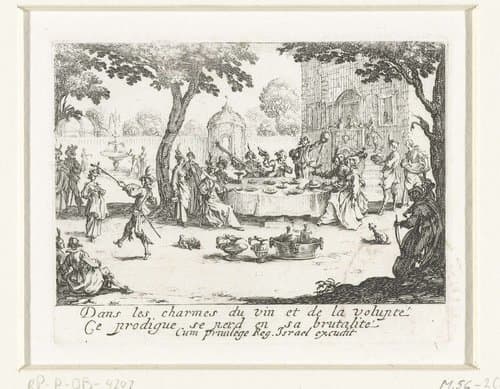 De verloren zoon verbrast zijn geld by Jacques Callot