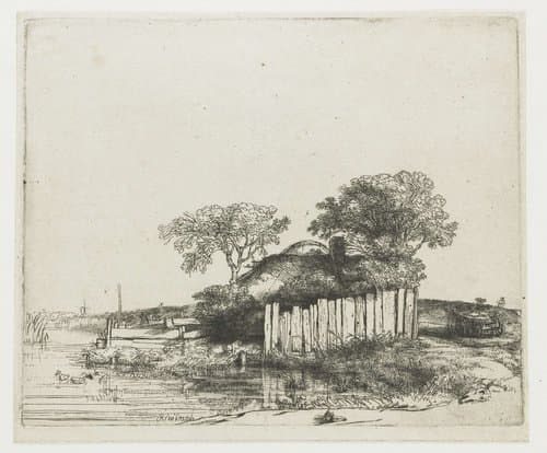 Cottage with a white paling by Rembrandt van Rijn