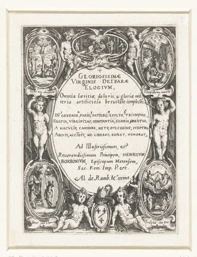 Cartouche met tekst omringd door putti en scènes uit het leven van Maria by Jacques Callot