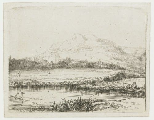 Canal with an Angler and Two Swans by Rembrandt van Rijn