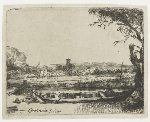 Vaart met grote boot en brug by Rembrandt van Rijn