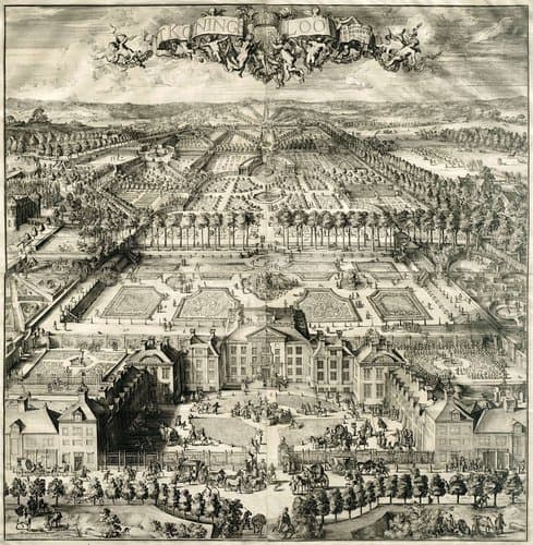 Gezicht op Paleis Het Loo (vanuit vogelvluchtperspectief) (helft?) by Romeyn de Hooghe