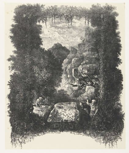 Titelprent met landschap en figuren uit fabels en verhalen in omlijisting by Rodolphe Bresdin