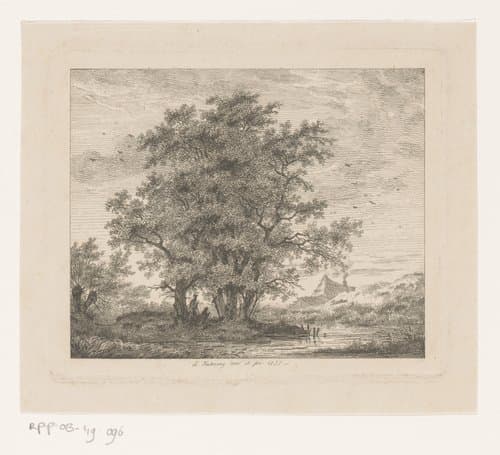 Landschap met huis op de achtergrond en twee figuren bij een kruis