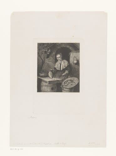 Vrouw bereidt vis by David Emile Joseph De Noter