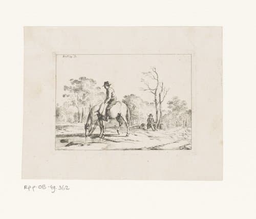 Landschap met ruiter op een drinkend paard