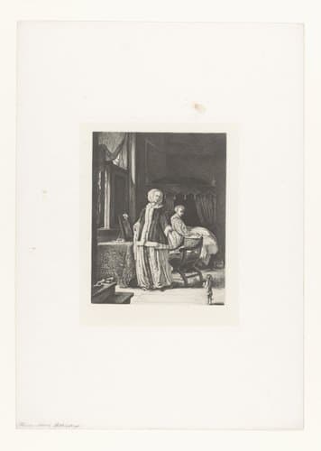 Vrouw in haar slaapvertrek met bediende en hond by Nikolay Semyonovich Mosolov