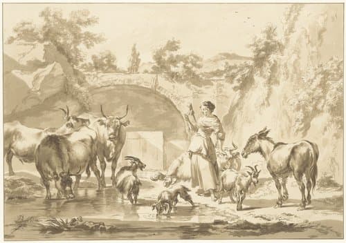 Spinnende herderin met kudde by C. Dietrich (prentmaker)