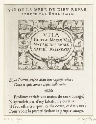 Titelblad voor de embleemserie 'Leven van Maria in emblemen' by Jacques Callot