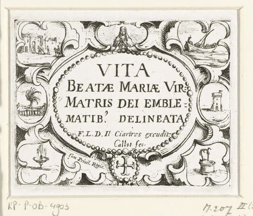 Titelblad voor de embleemserie 'Leven van Maria in emblemen' by Jacques Callot