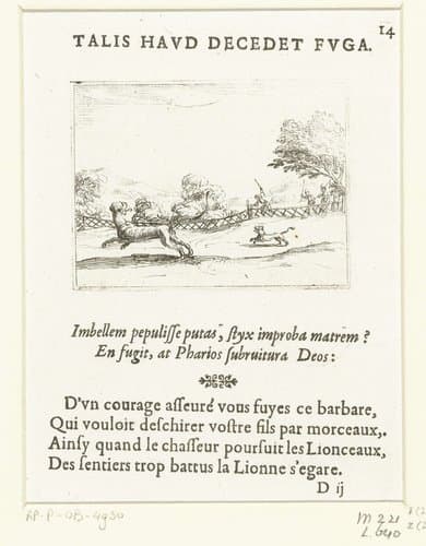 Jagers achtervolgen een leeuwin en haar welp by Jacques Callot