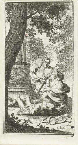 Thisbe doodt zichzelf met zwaard van Pyramus bij fontein by Coenraet Decker