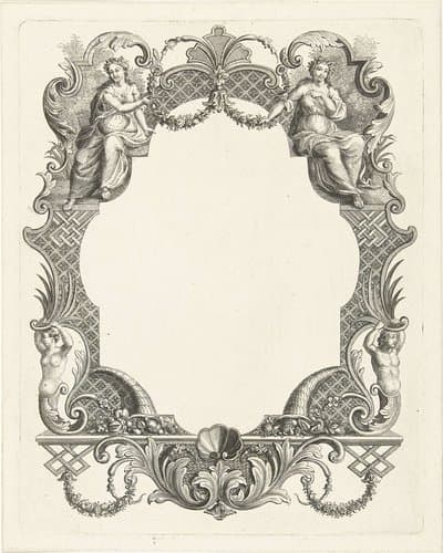 Cartouche met twee vrouwenfiguren en ornamenten by Abraham Delfos