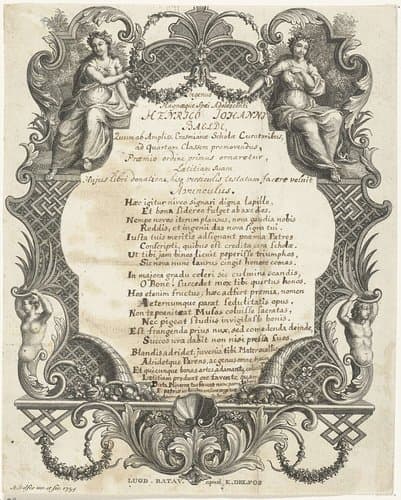 Cartouche met twee vrouwenfiguren en ornamenten by Abraham Delfos