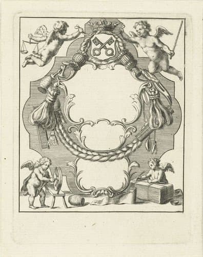Cartouche met kleine engelen en materialen uit wolindustrie by Abraham Delfos