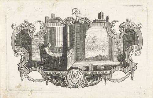 Vignet met geleerde in bibliotheek in cartouche by Abraham Delfos