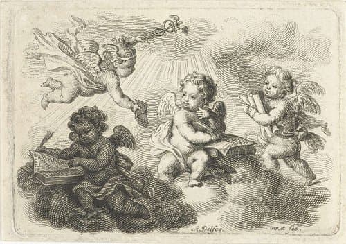 Allegorie op kunsten en wetenschappen met vier putti by Abraham Delfos