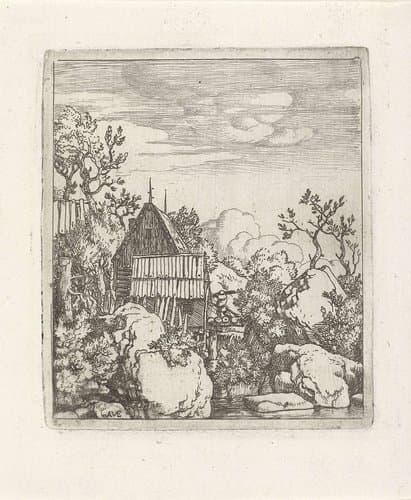 Landschap met schuur tussen rotsblokken by Allaert van Everdingen