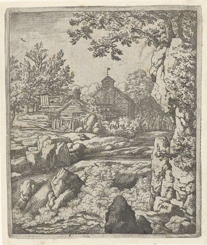 Landschap met kerk en waterval by Allaert van Everdingen