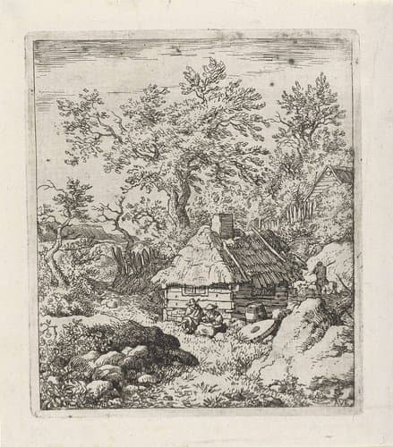 Landschap met hut en molensteen by Allaert van Everdingen