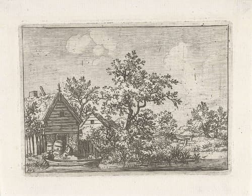 Landschap met twee huizen en een roeiboot by Allaert van Everdingen