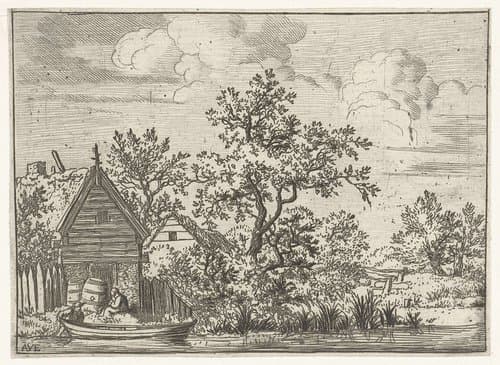 Landschap met twee huizen en een roeiboot by Allaert van Everdingen
