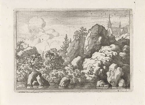 Landschap met kerk op een berg by Allaert van Everdingen