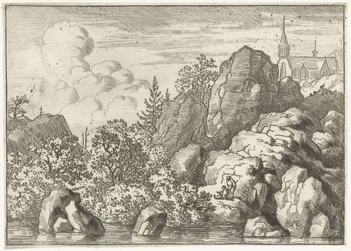 Landschap met kerk op een berg by Allaert van Everdingen