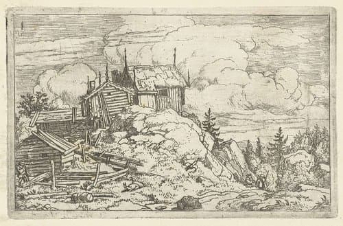 Landschap met vervallen huizen op een heuvel by Allaert van Everdingen