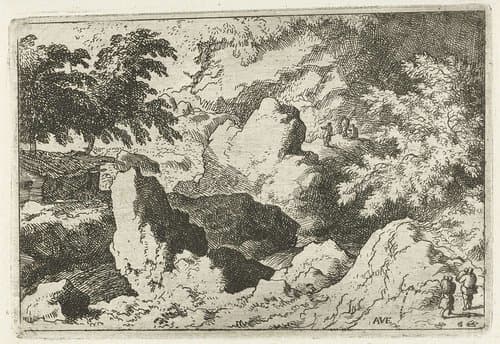 Landschap met drie mannen op een rots by Allaert van Everdingen